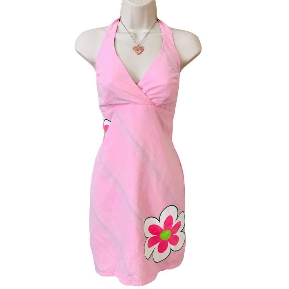 Y2K Vintage Style Halter Dress Reversible Pink Green 70's Retro Floral Striped